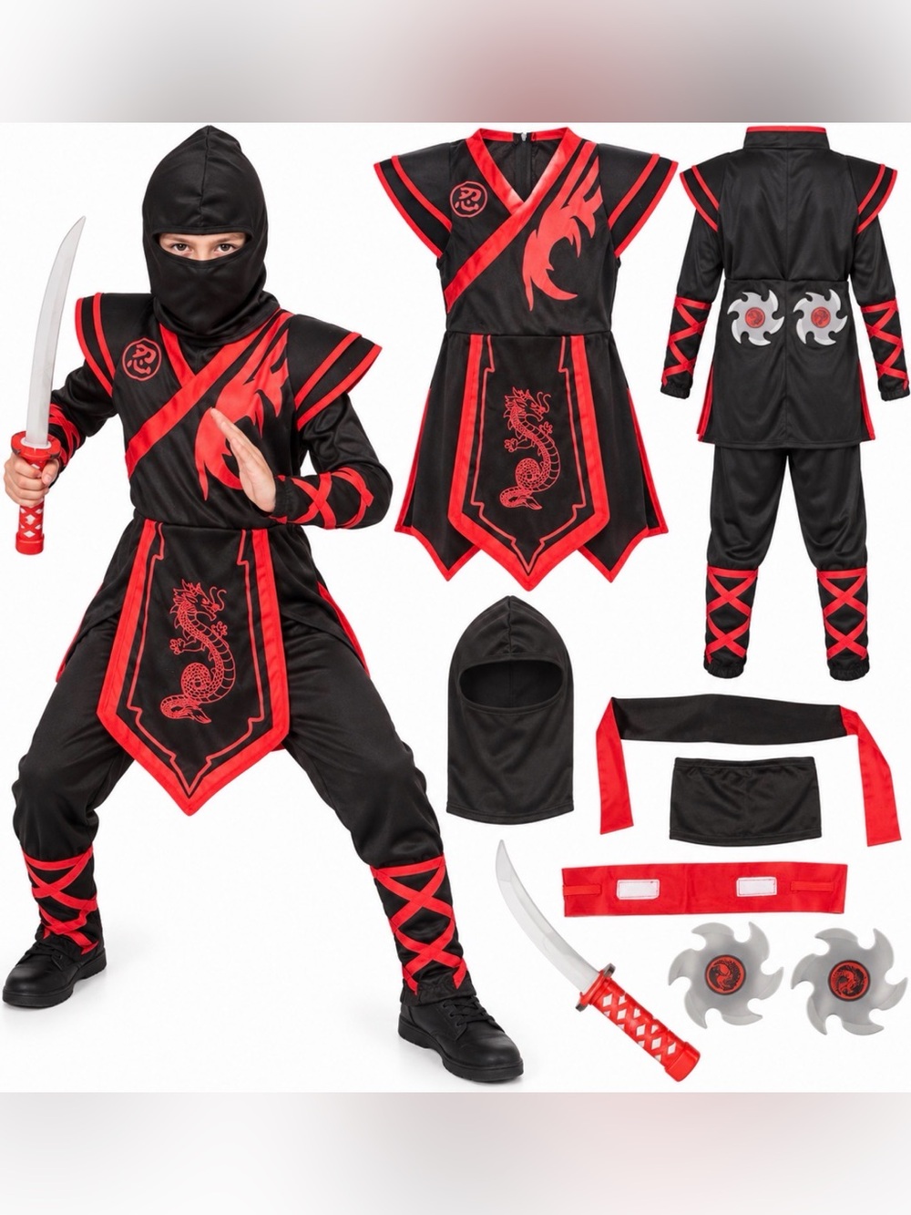 Kids Ninja Halloween Costume Black & Red Dragon Size Medium – Sword & Accessorie